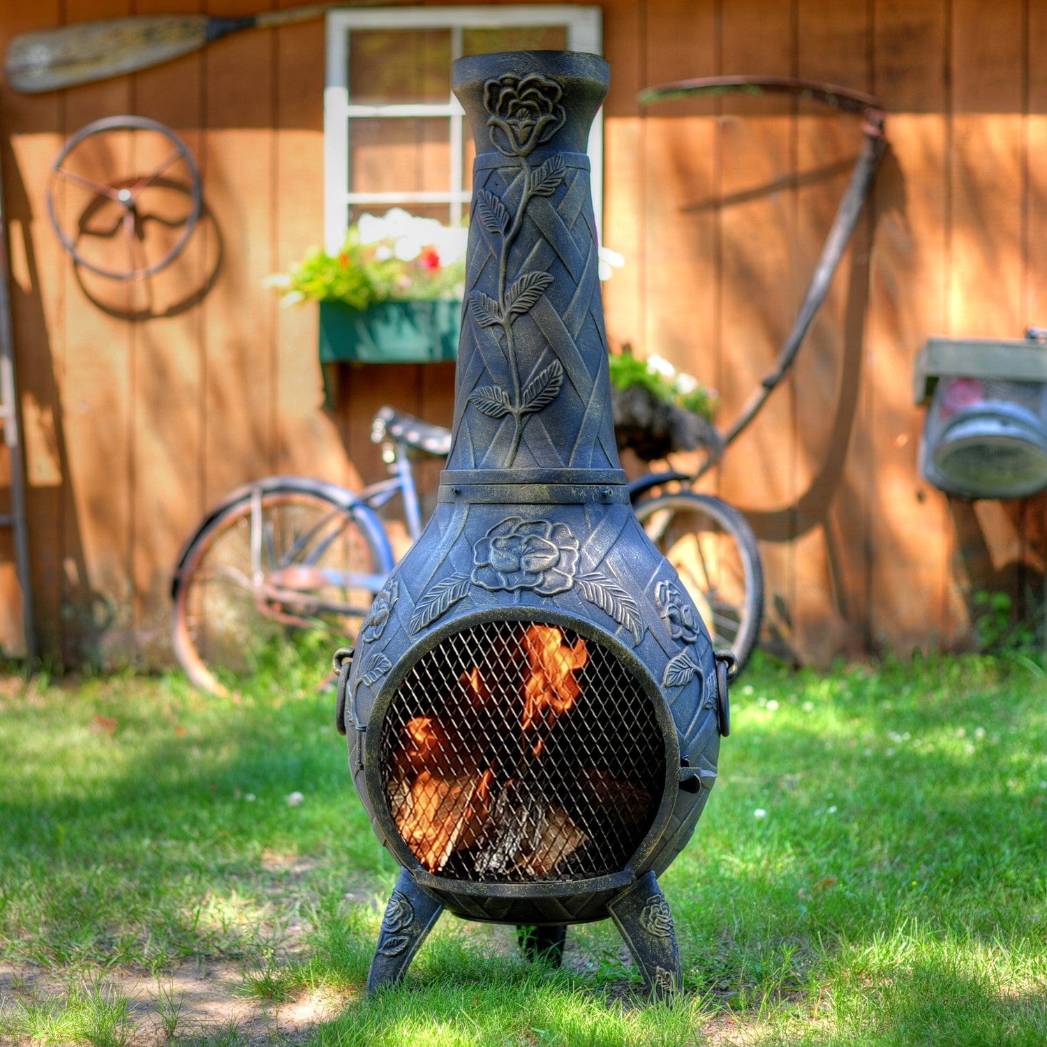 The Blue Rooster Rose Chiminea