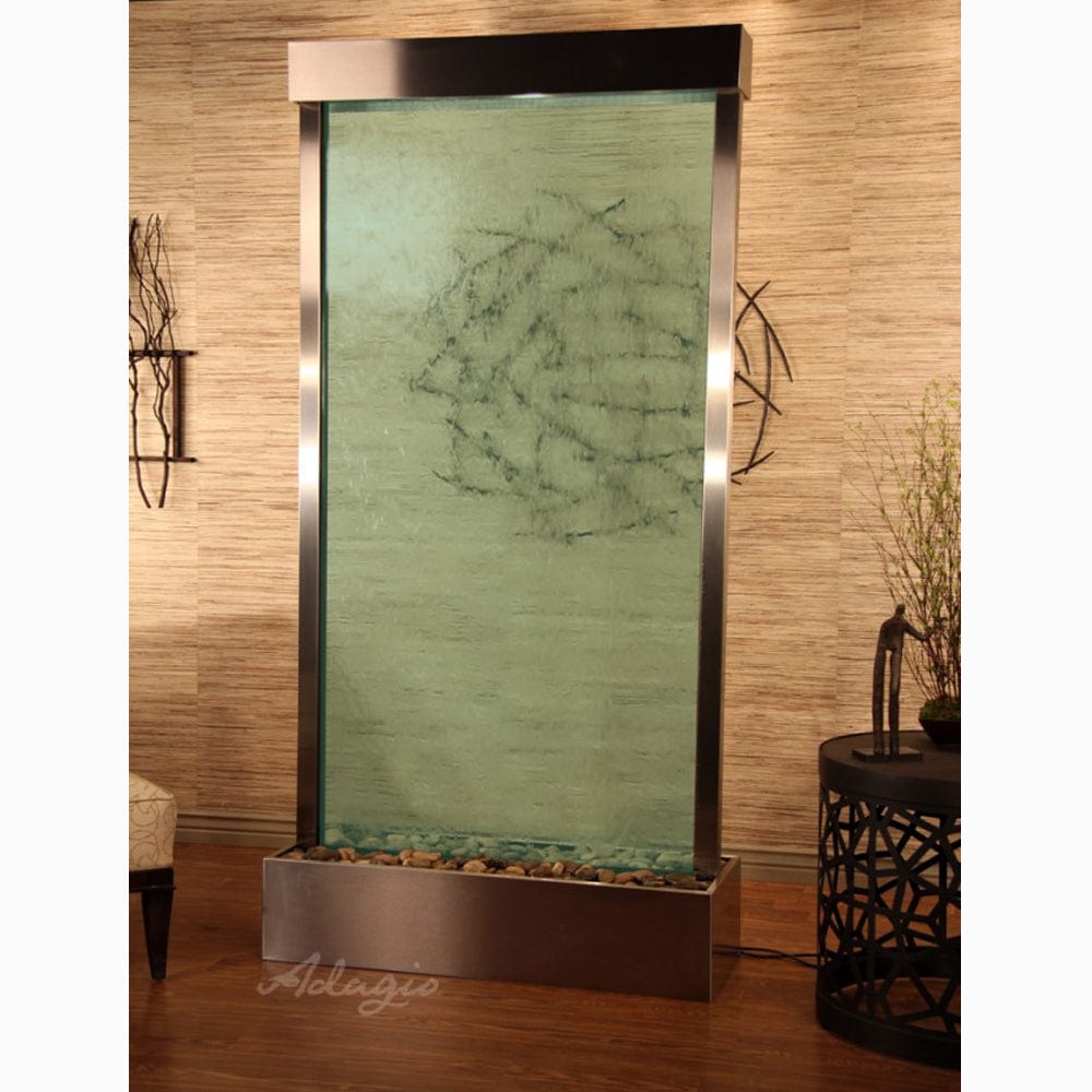 TranquilRiver_CenteredInBase_-GreenGlass-StainlessSteel-White - Outdoor Art Pros