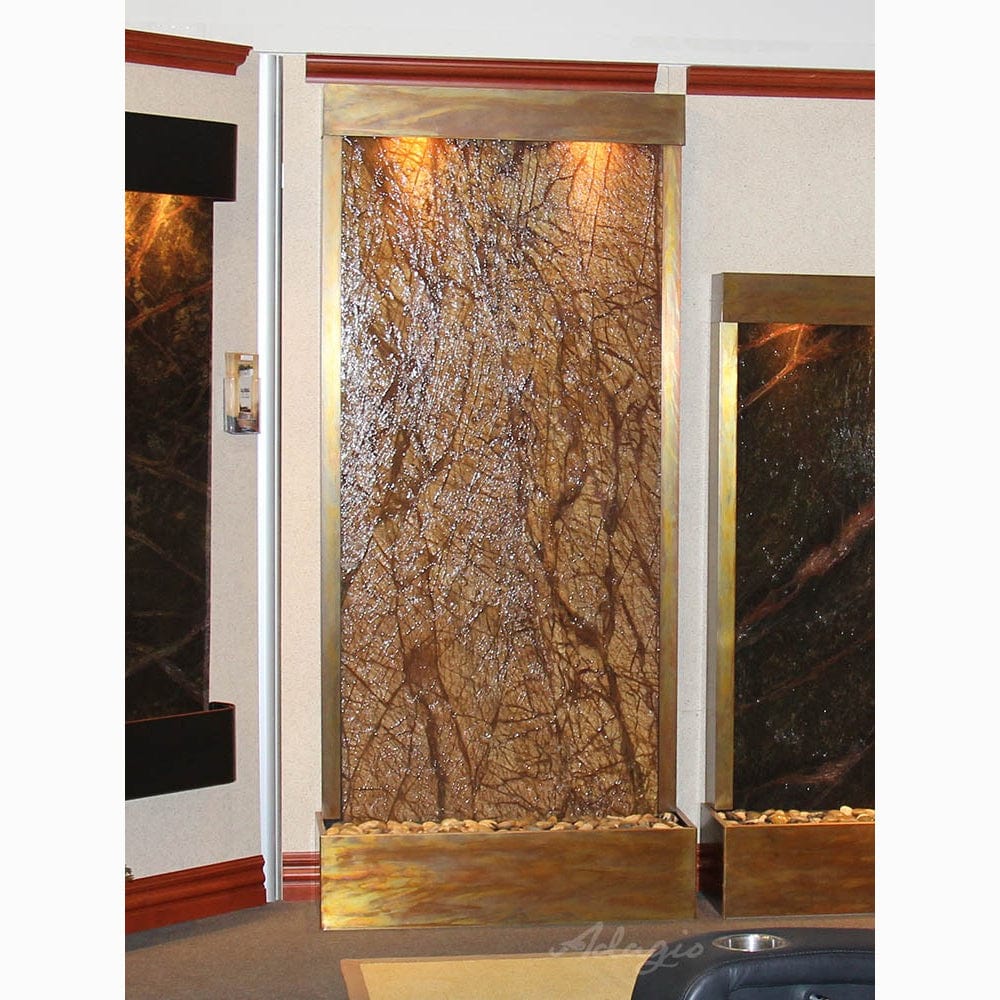 Tranquil River (Flush Mounted Towards Rear Of The Base) - Rainforest Brown Marble - Rustic Copper - White - Outdoor Art Pros