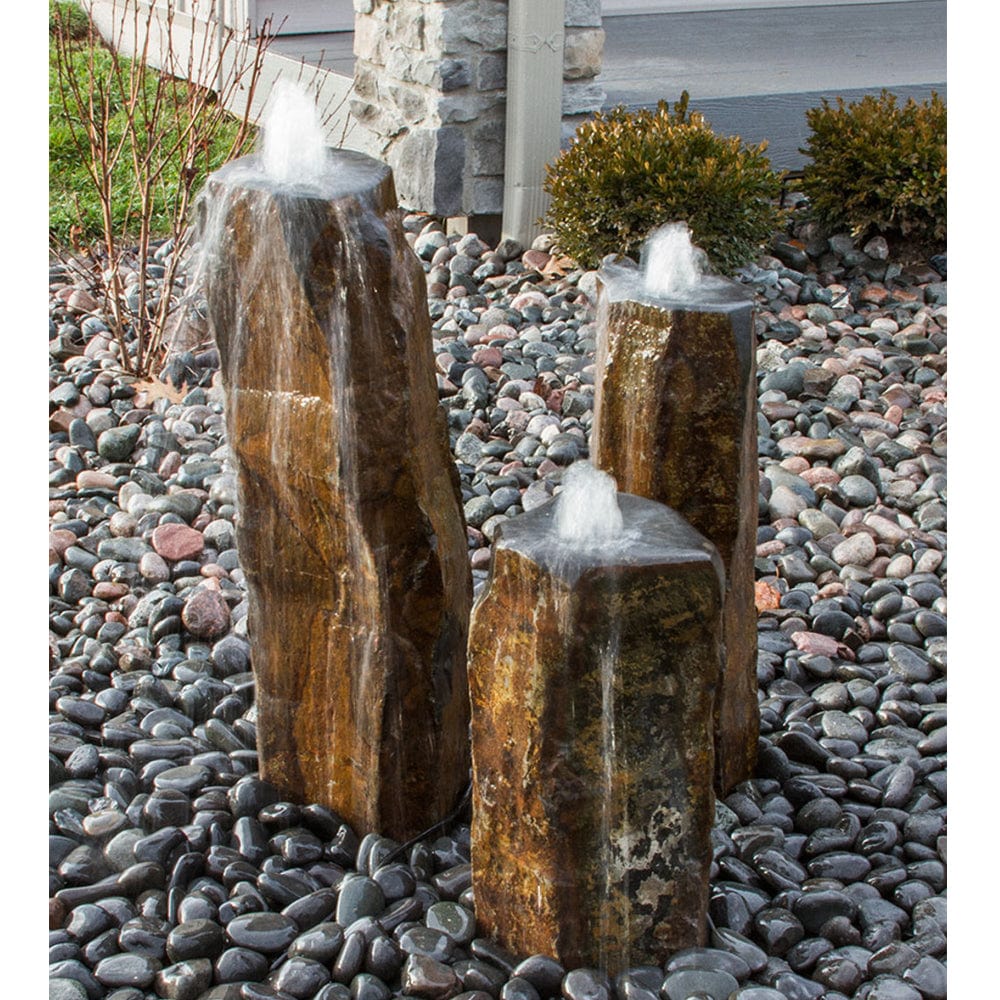 Triple Bowled, Polished Top Basalt Column Outdoor Fountain - Outdoor Art Pros