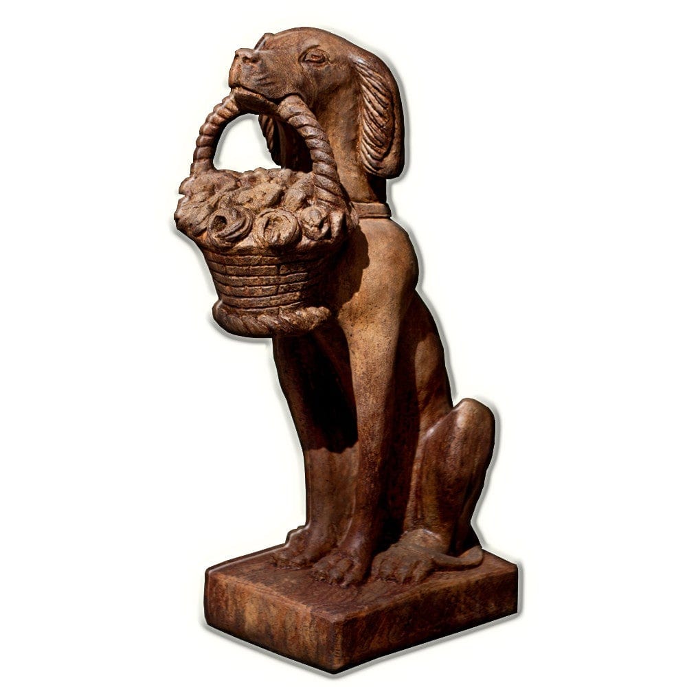 Vintage Dog With Basket Cast Stone Garden Statue