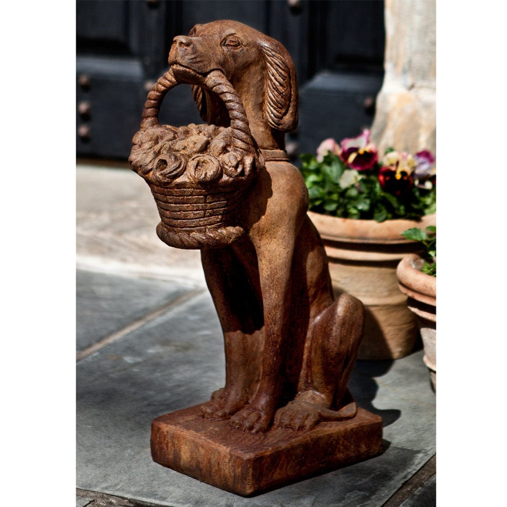 Vintage Dog With Basket Cast Stone Garden Statue