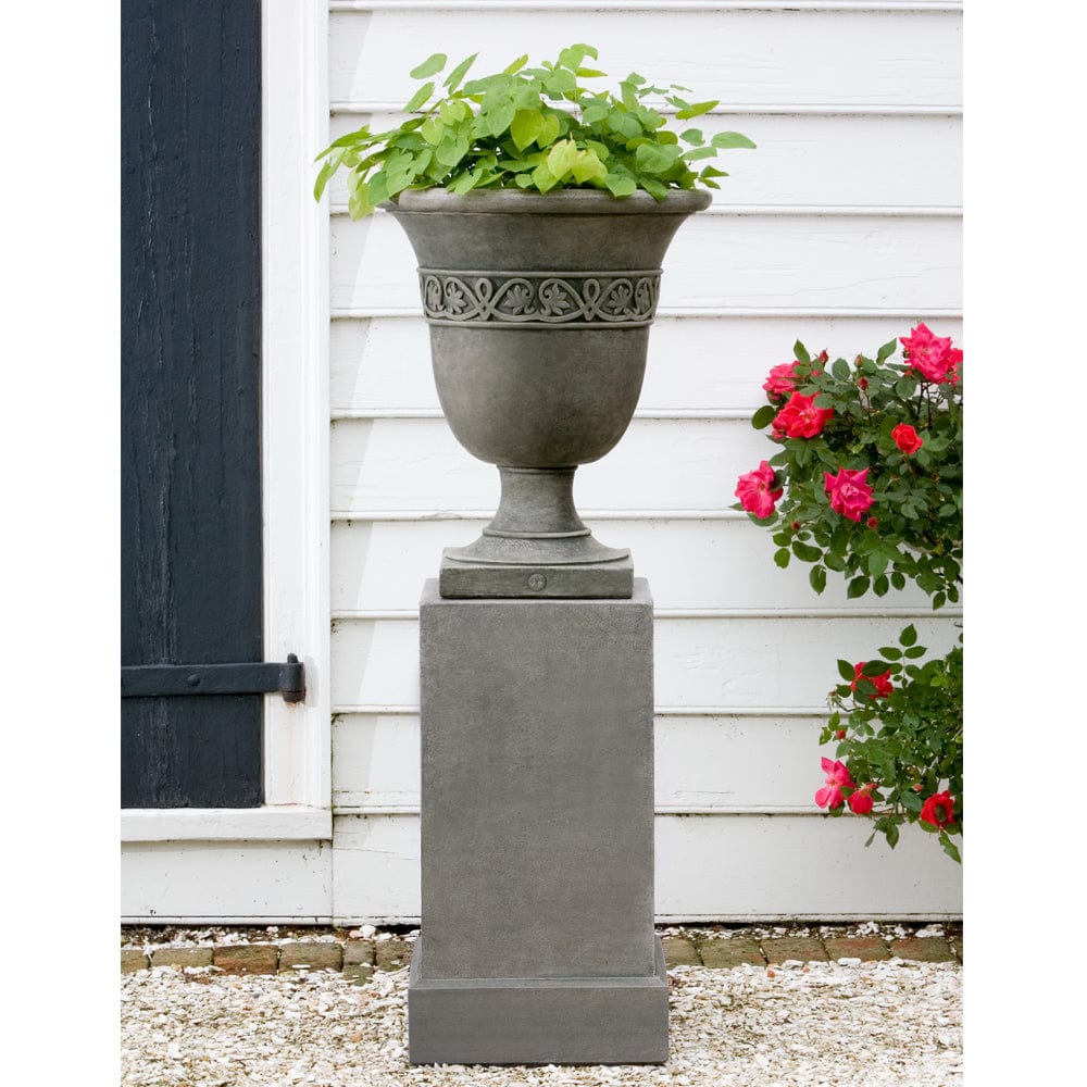 Williamsburg Strapwork Leaf Urn Garden Planter on Tall Classic Pedestal - Outdoor Art Pros