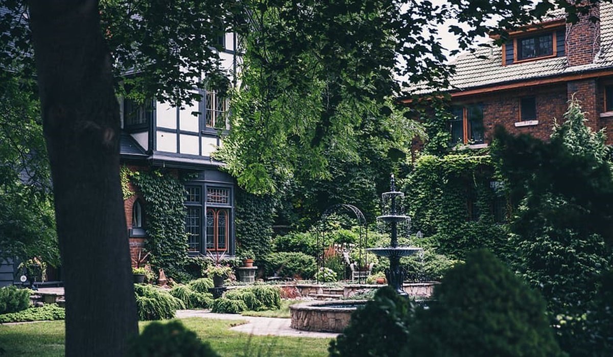 tiered fountain in a courtyard