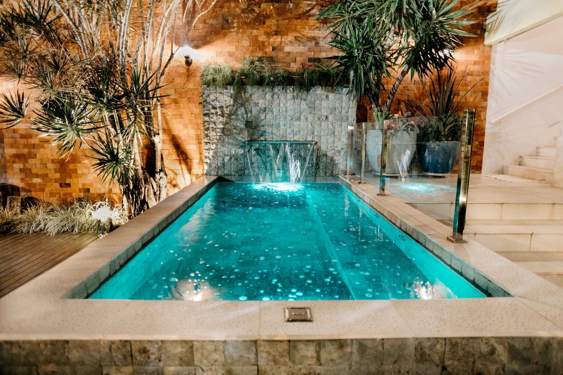 modern backyard with rustic pool