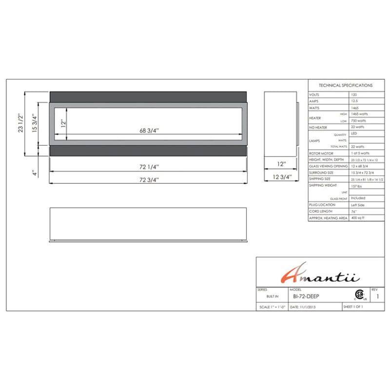 Amantii Panorama 72" Deep Full View Smart Indoor| Outdoor Electric Fireplace