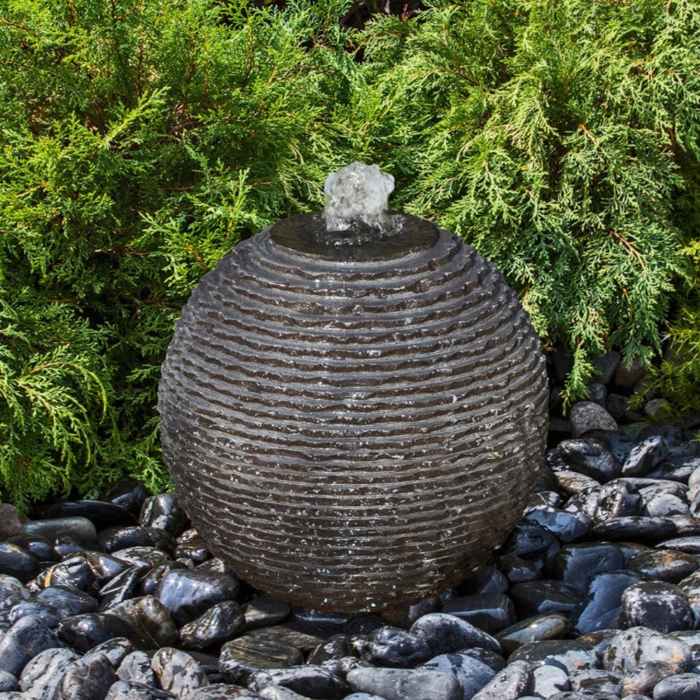 Black Ribbed Granite Sphere Fountain - Outdoor Fountain Pros