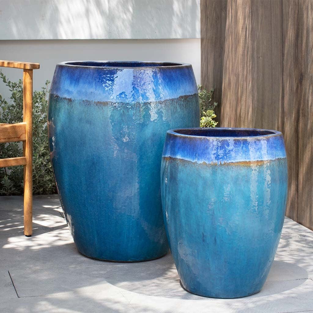 Cabana Glazed Terra Cotta Planter Set of 2 in Running Blue Finish