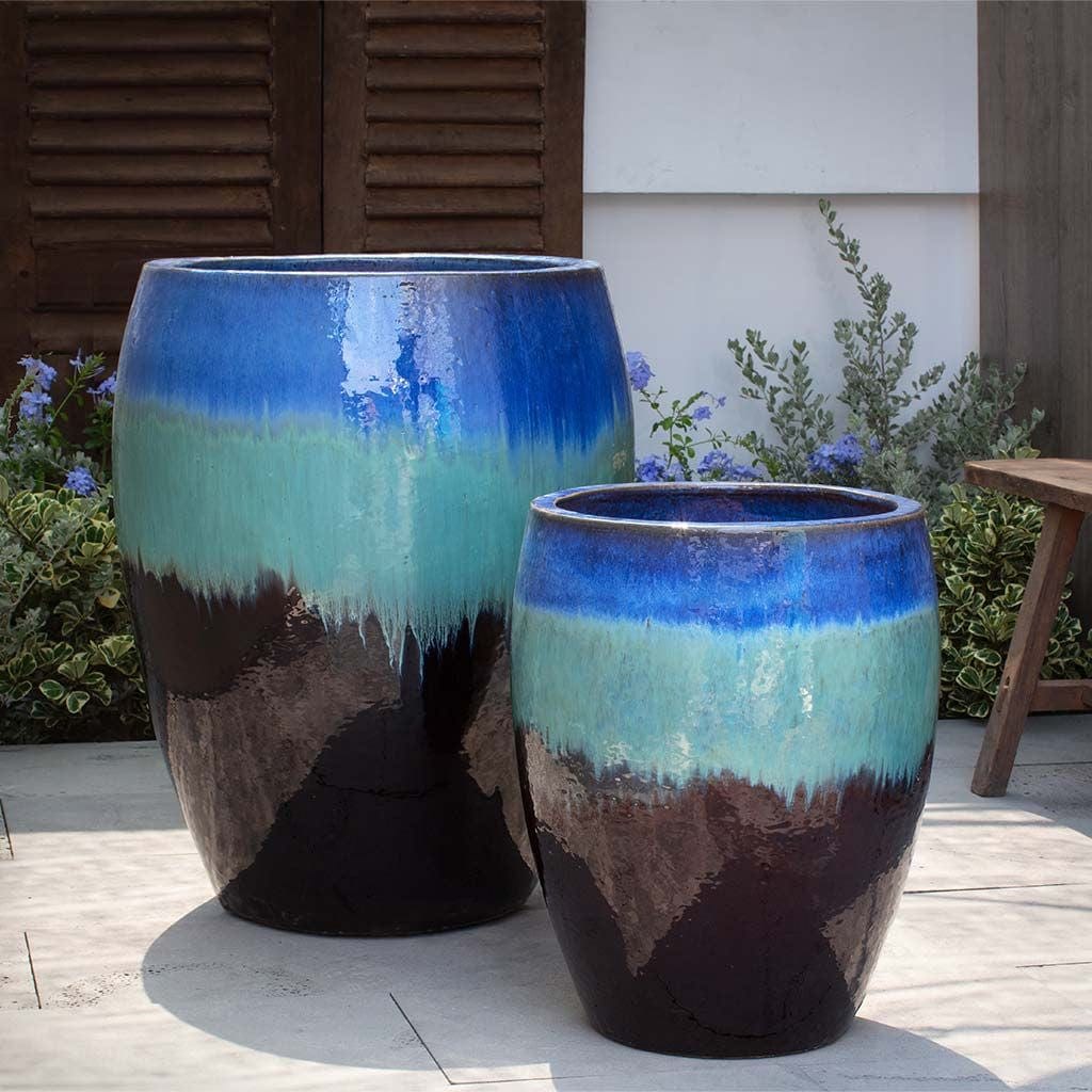 Cabana Glazed Terra Cotta Planter Set of 2 in Running Blue/Brown Finish