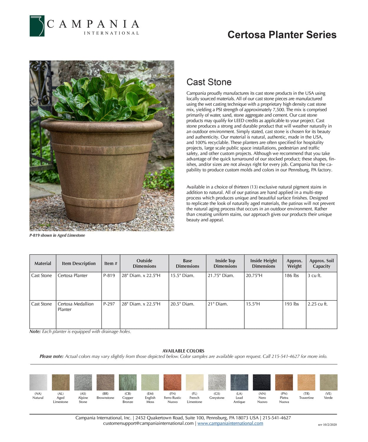 Certosa Planter | Cast Stone Planter Specs