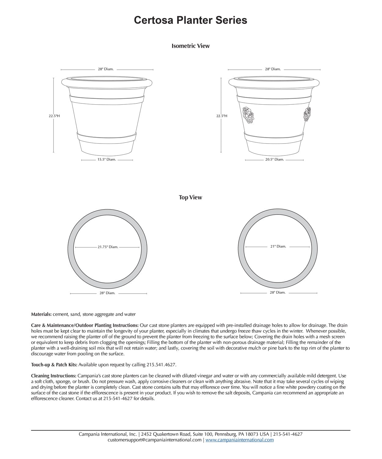 Certosa Planter | Cast Stone Planter Specs
