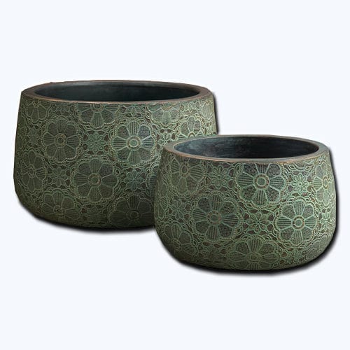 Etched Daisy Set of 4 | Cold Painted Terra Cotta Planter in Green with Bronze Finish