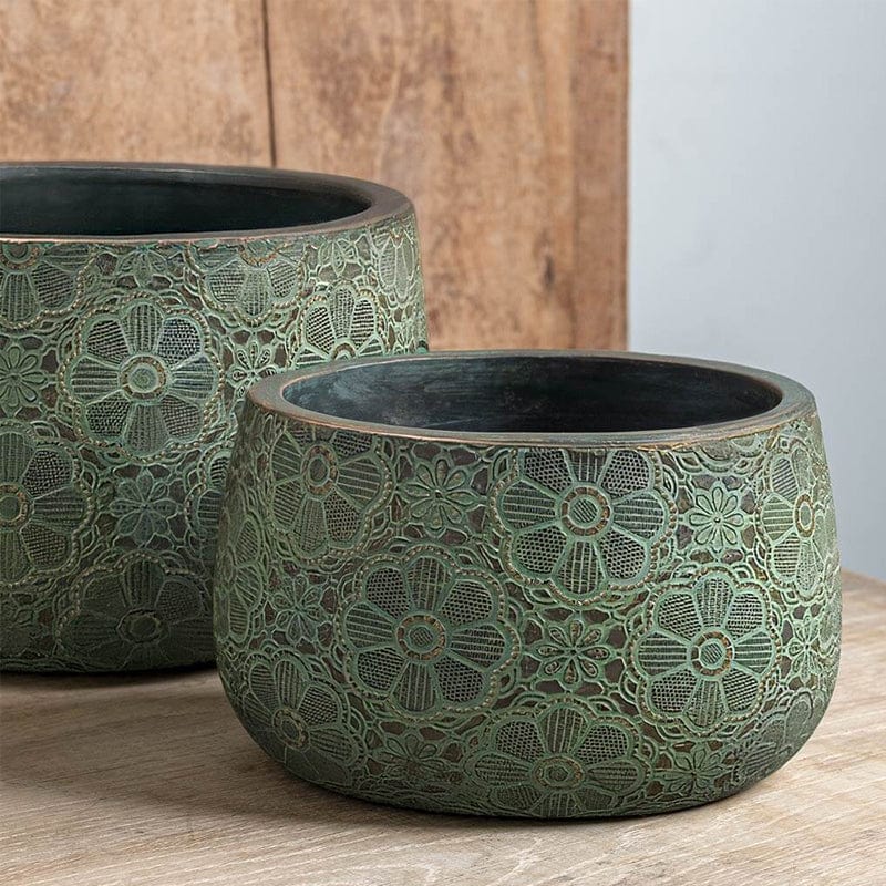 Etched Daisy Set of 4 | Cold Painted Terra Cotta Planter in Green with Bronze Finish