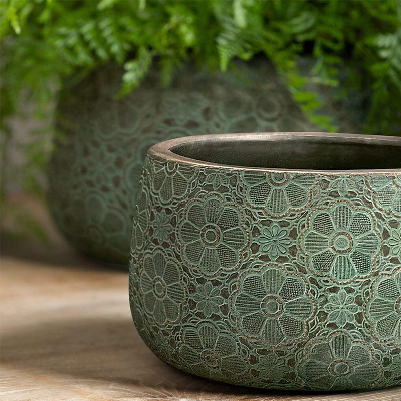 Etched Daisy Set of 4 | Cold Painted Terra Cotta Planter in Green with Bronze Finish