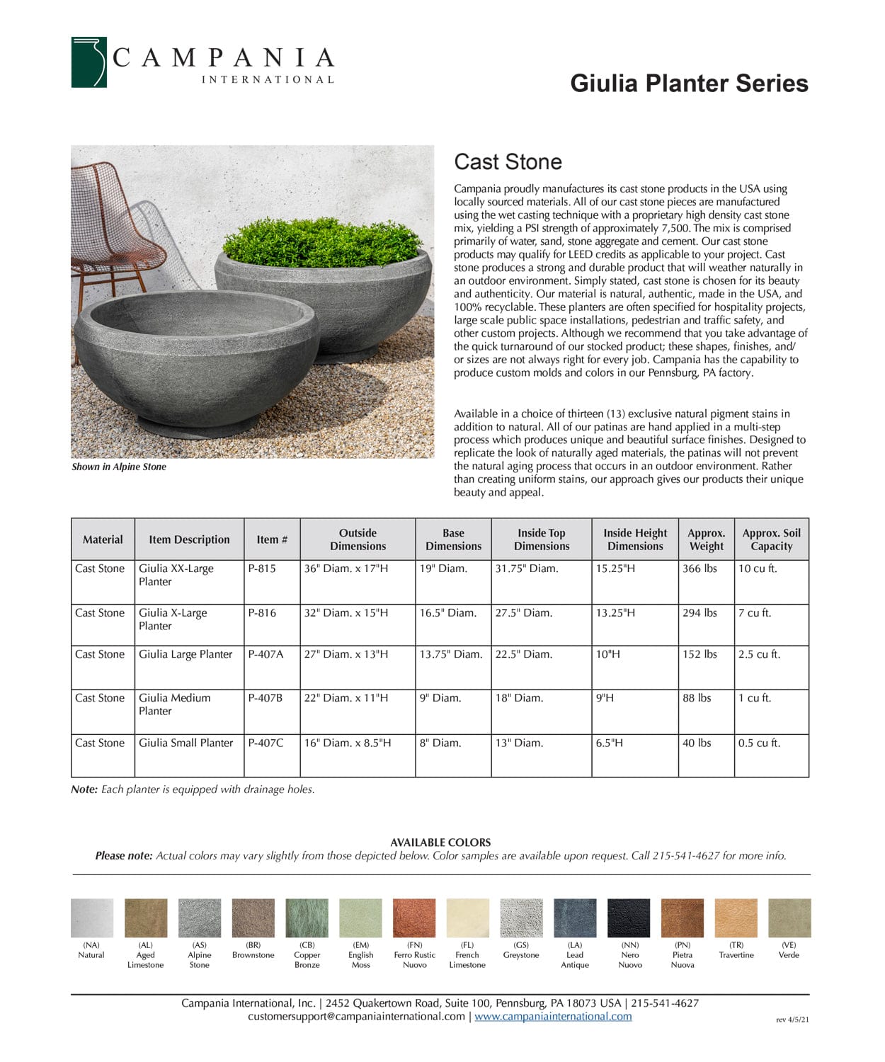 Giulia Garden Planter Series Specs