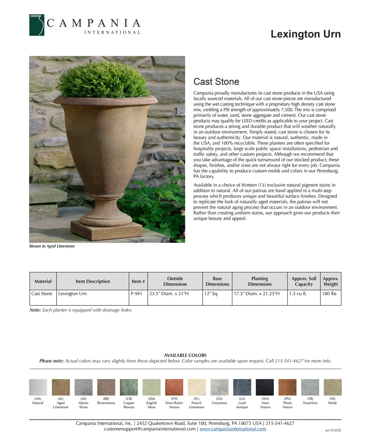 Lexington Urn | Cast Stone Planter Specs