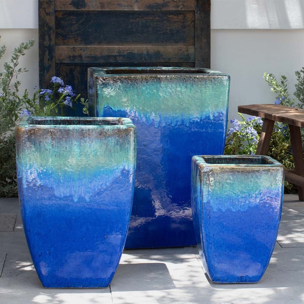 Macouba Glazed Terra Cotta Planter Set of 3 in Running Aqua Finish