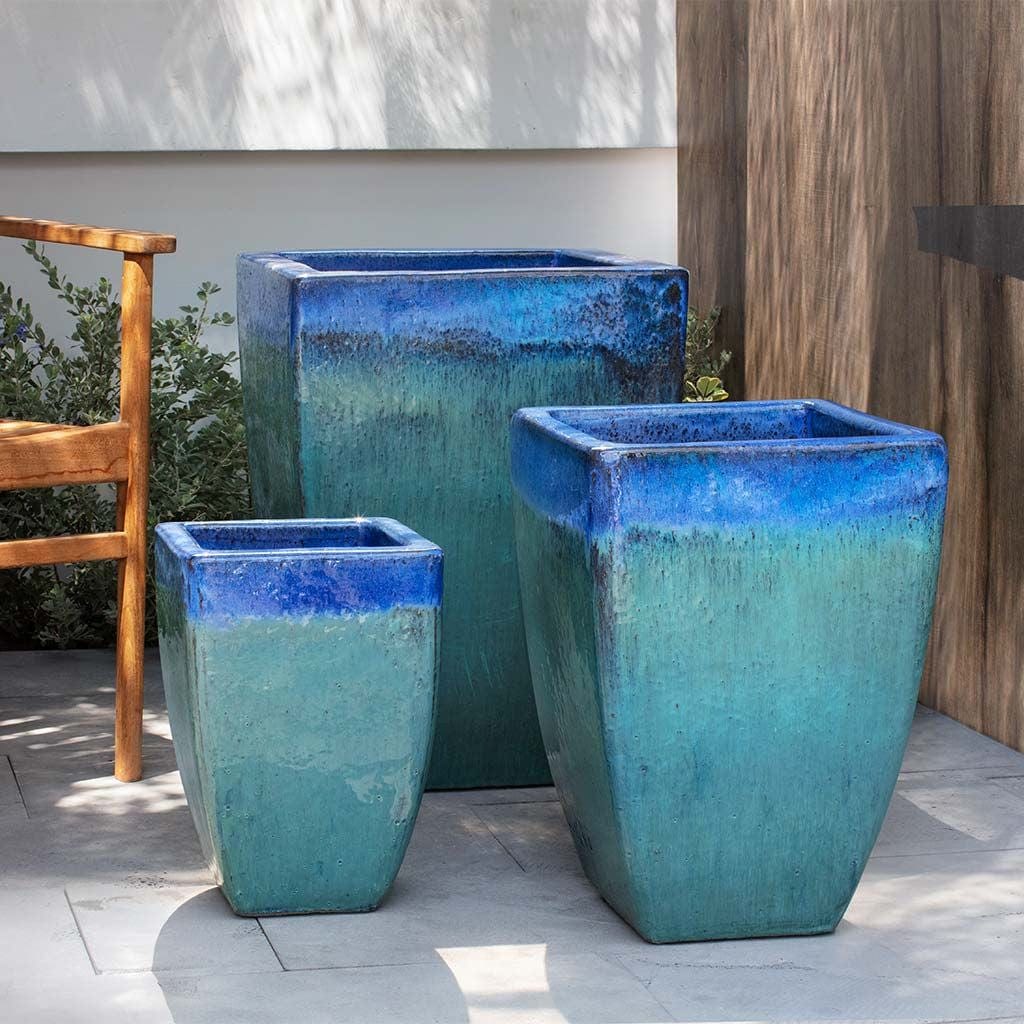 Macouba Glazed Terra Cotta Planter Set of 3 in Running Blue Finish