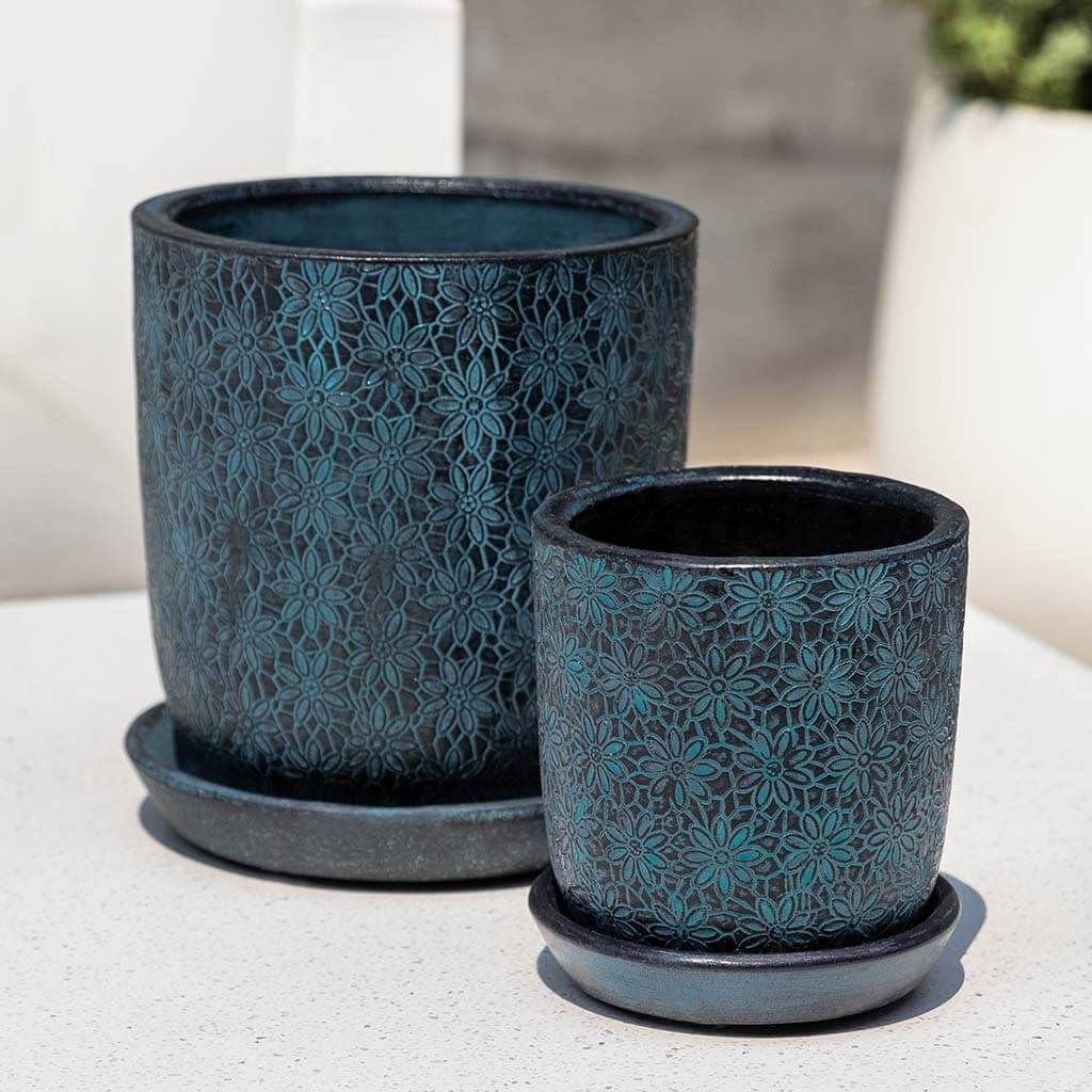 Marguerite Small Round Cold Painted Terra Cotta Planter in Etched Blue Finish