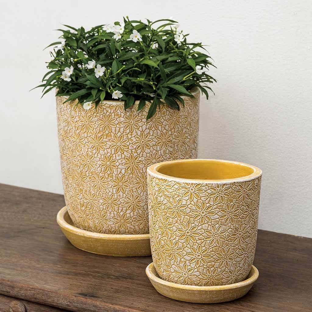 Marguerite Small Round Cold Painted Terra Cotta Planter in Etched Yellow Finish