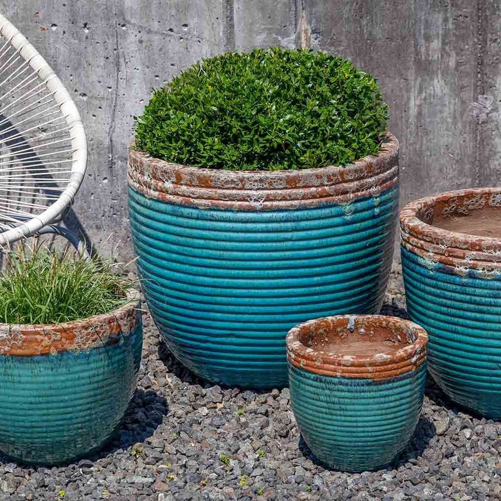 Nevis Glazed Terra Cotta Planter - Nested Set of 4 in Beach Comber Aqua Finish