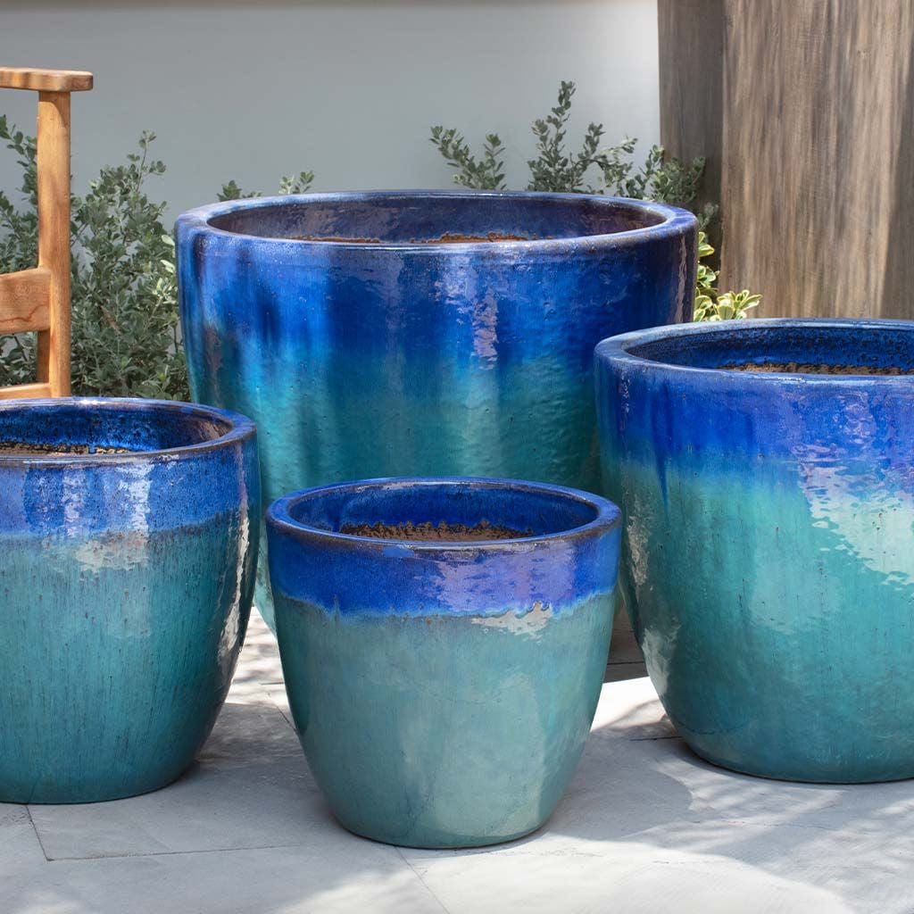 Ocho Glazed Terra Cotta Planter Set of 4 in Running Blue Finish