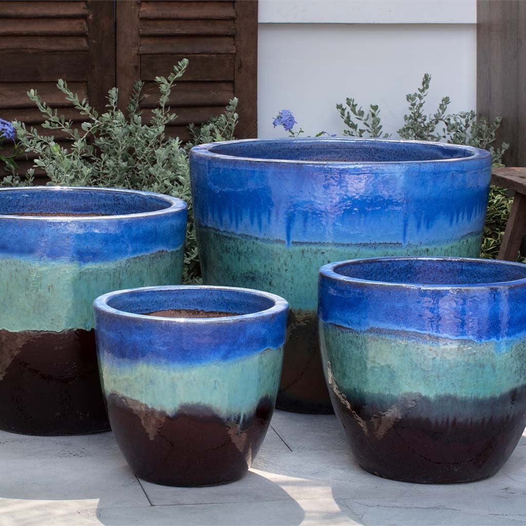 Ocho Glazed Terra Cotta Planter Set of 4 in Running Blue/Brown Finish