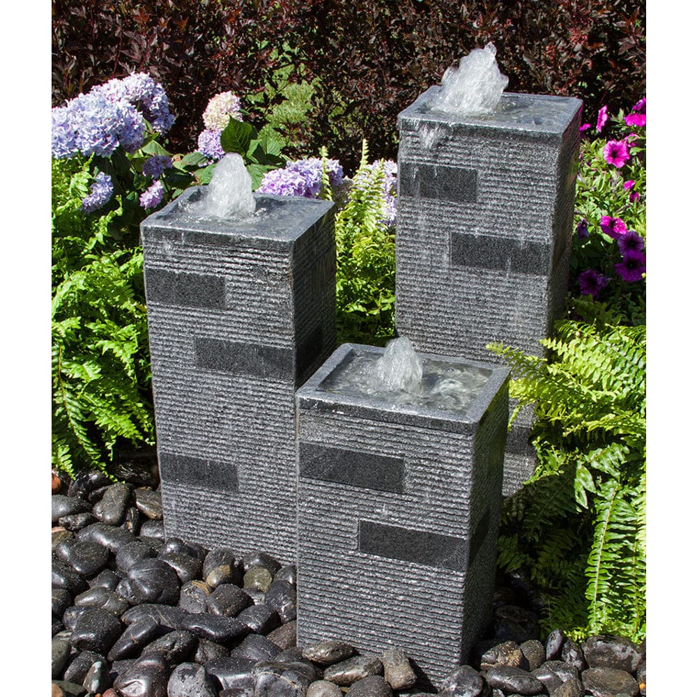 Polished Block Stone Towers Outdoor Fountain - Outdoor Art Pros