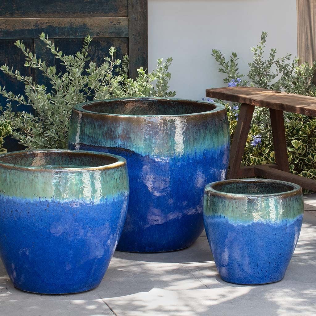 Riviere Glazed Terra Cotta Planter Set of 3 in Running Aqua Finish