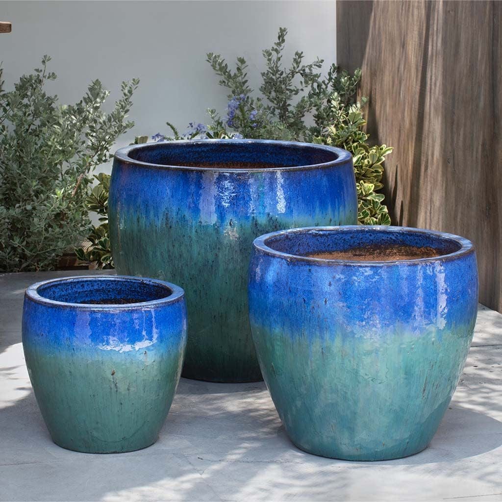 Riviere Glazed Terra Cotta Planter Set of 3 in Running Blue Finish