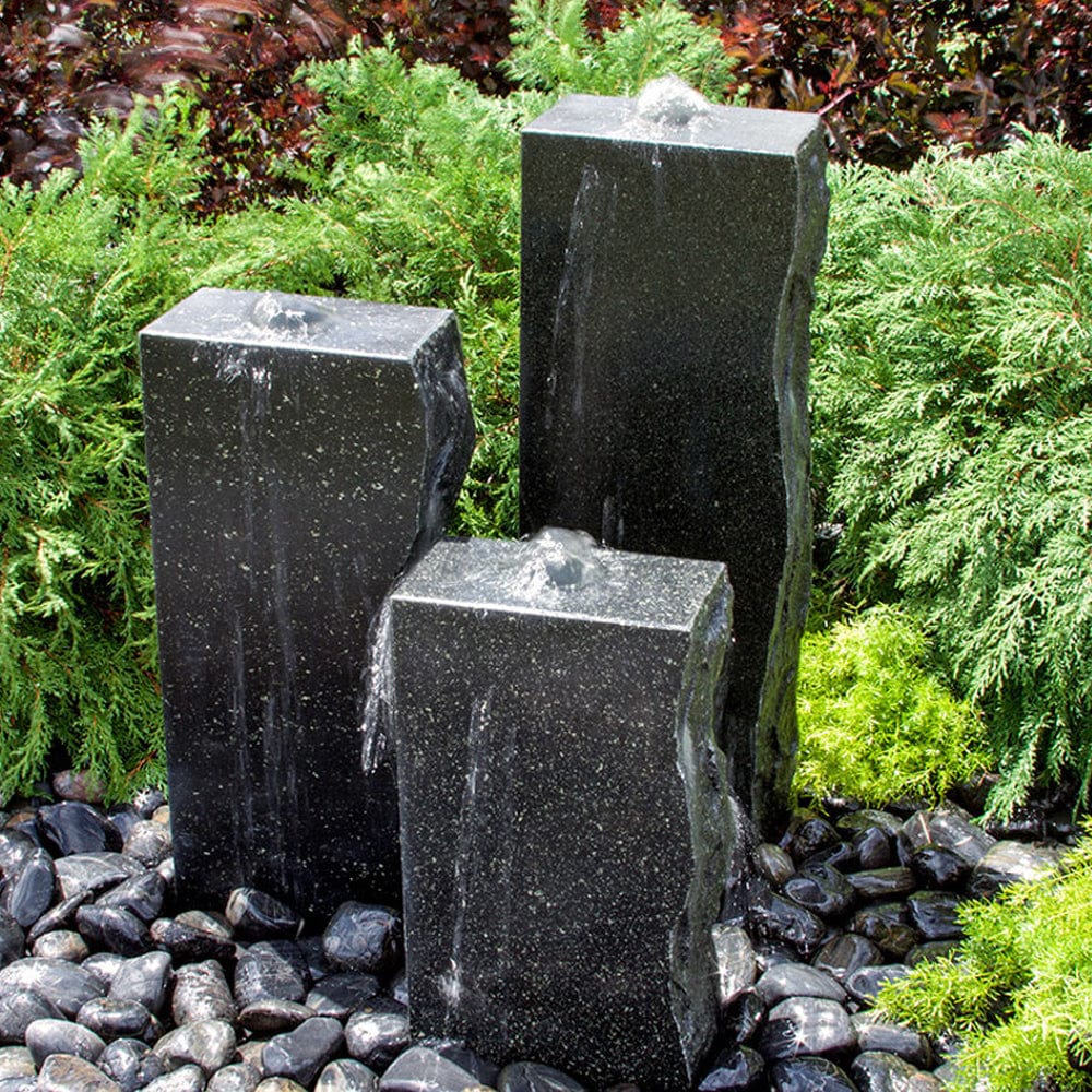 Rough Black Granite Triple Stone Fountain with 3 Smooth Sides - Outdoor Art Pros
