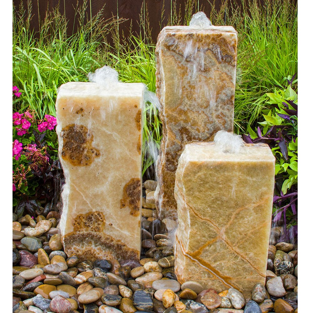 Rough Yellow Onyx Triple Stone Fountain with 3 Smooth Sides - Outdoor Art Pros