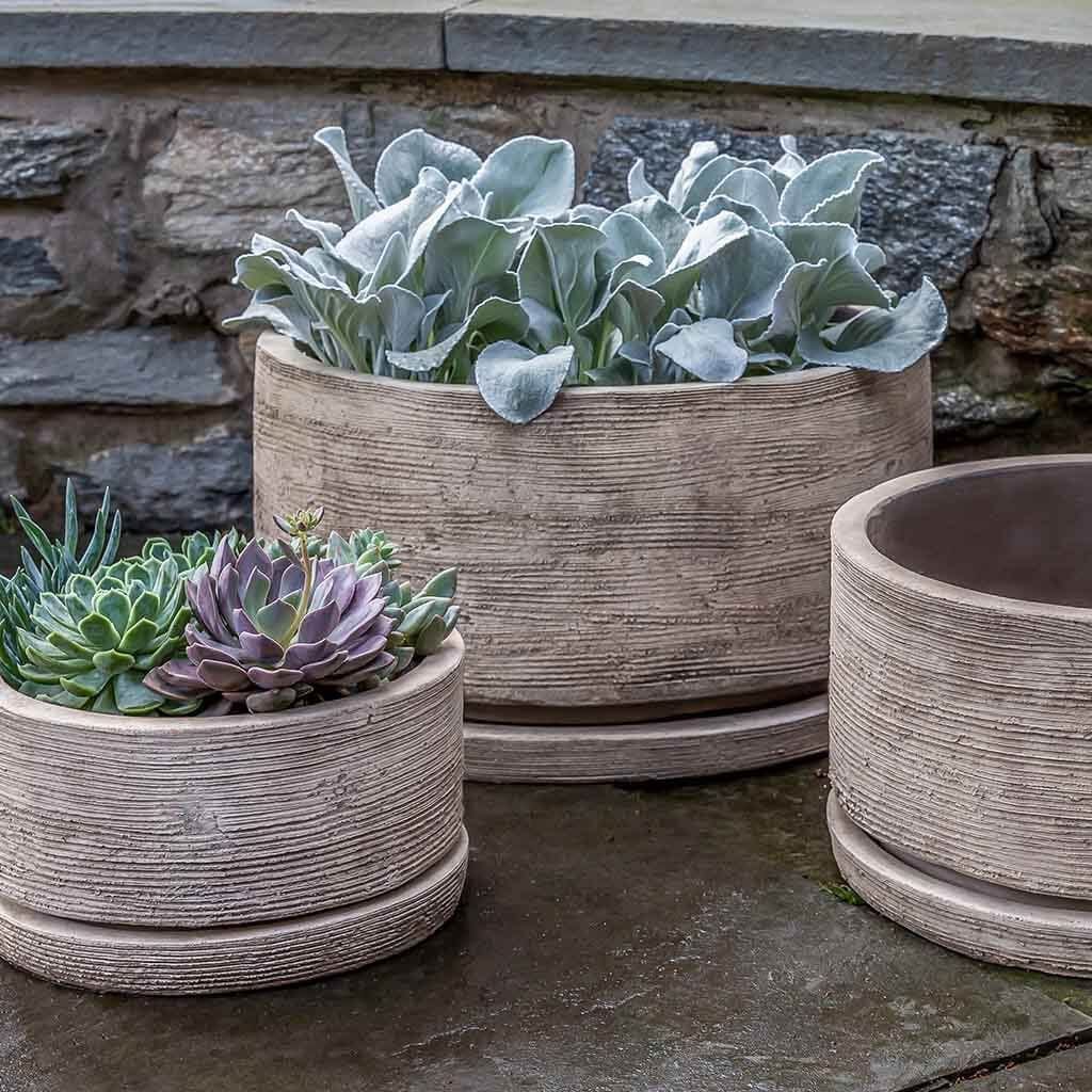 Sgraffito Low Planter Set of 3 in Antico Terra Cotta Finish