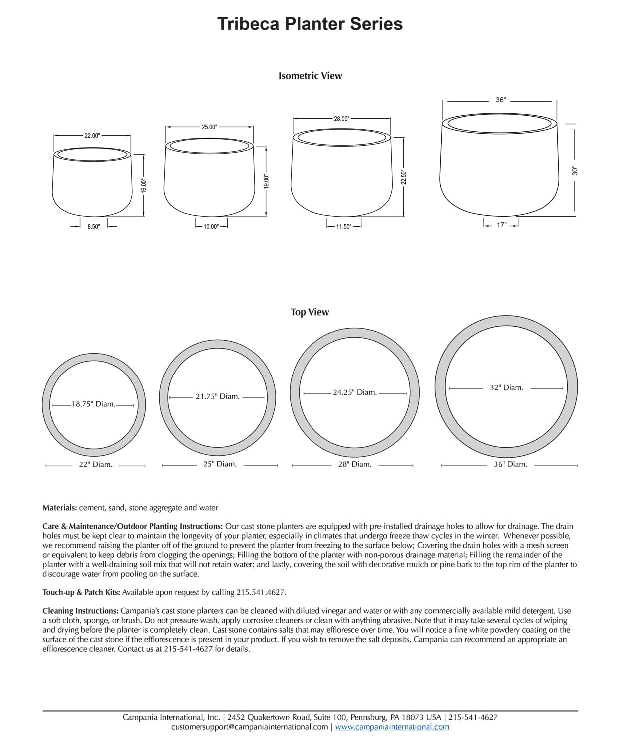 Tribeca Cast Stone Planter Series Specs