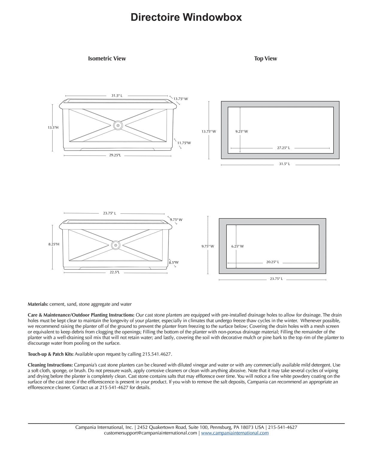 Directoire Small Windowbox | Cast Stone Planter Specs