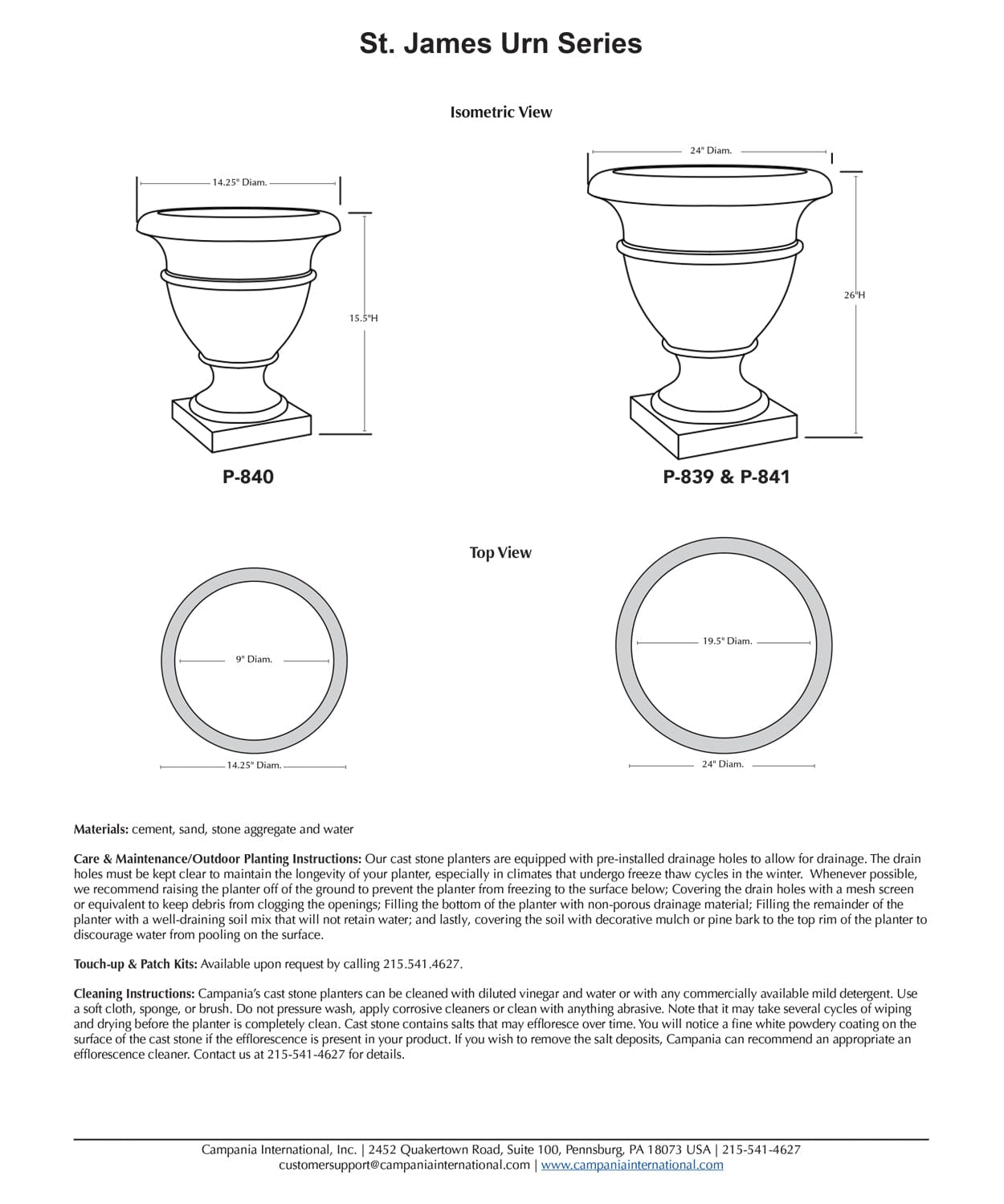St. James Urn | Cast Stone Planter Specs