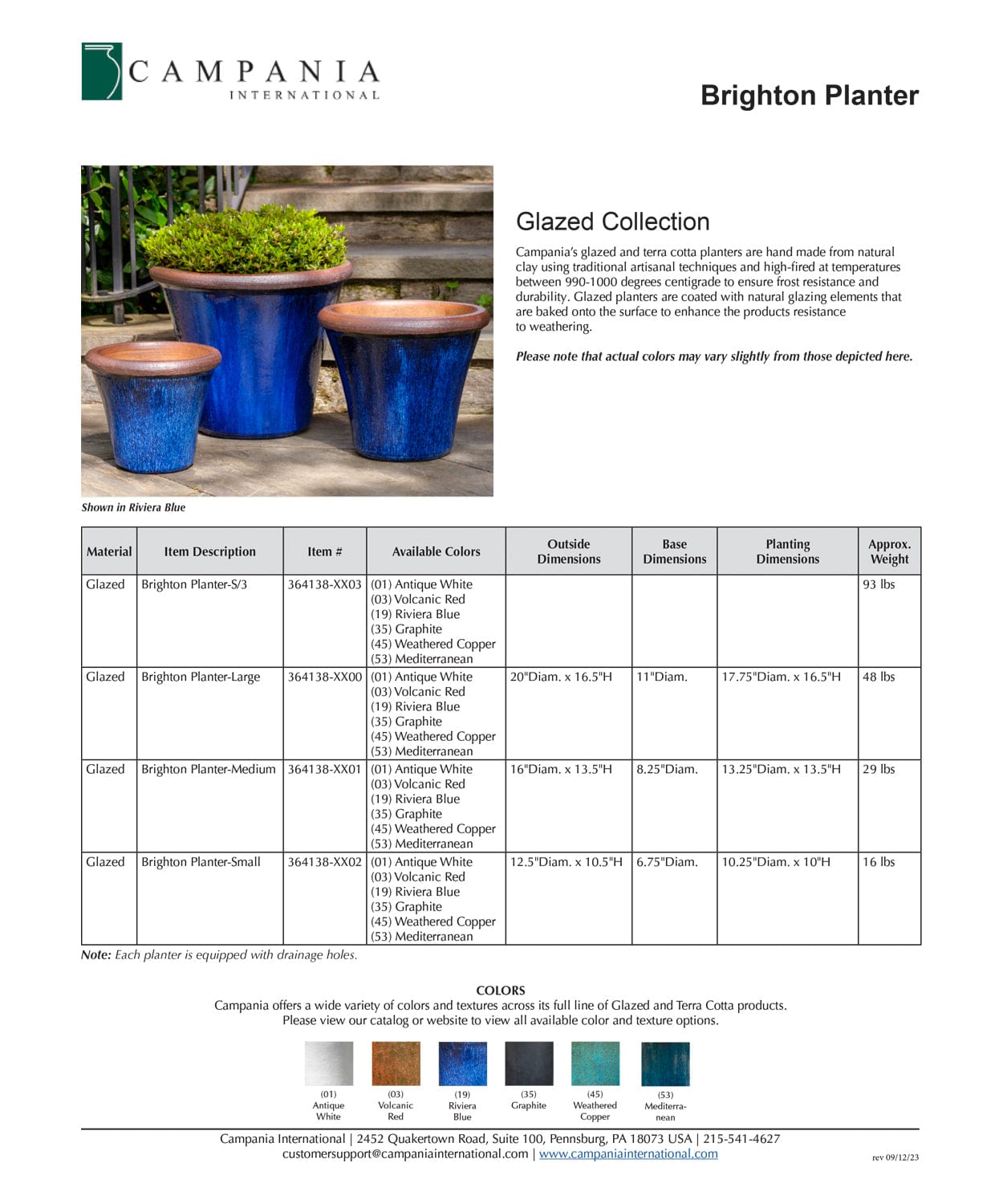 Brighton Glazed Terra Cotta Planter Set of 3 in Riviera Blue