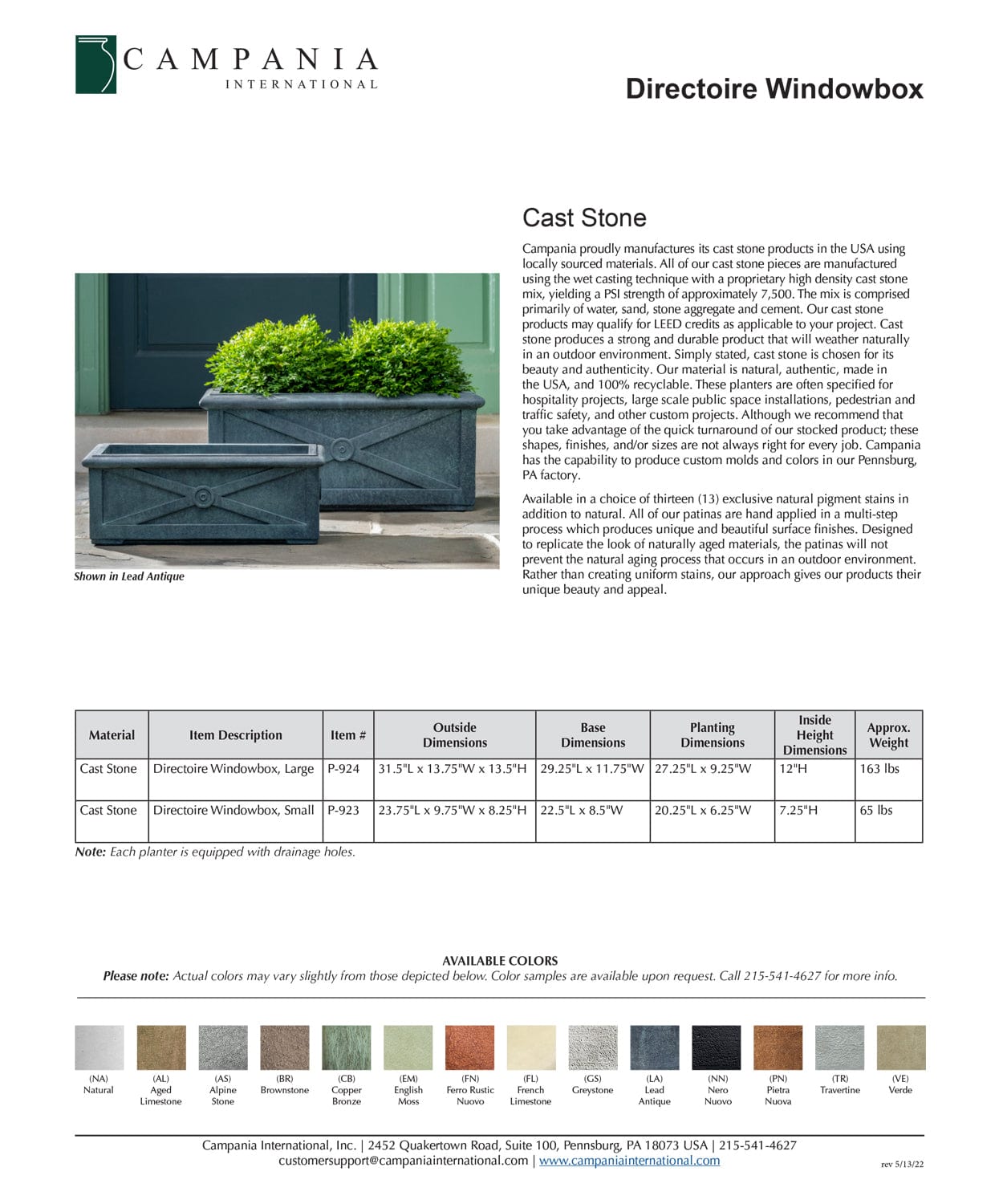 Directoire Small Windowbox | Cast Stone Planter Specs