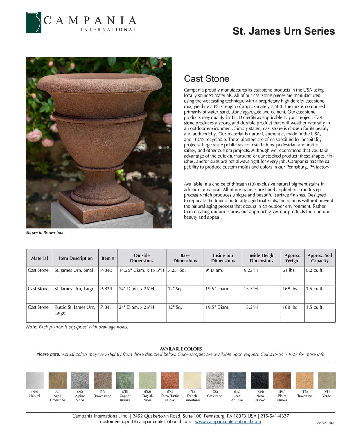 St. James Urn | Cast Stone Planter Specs