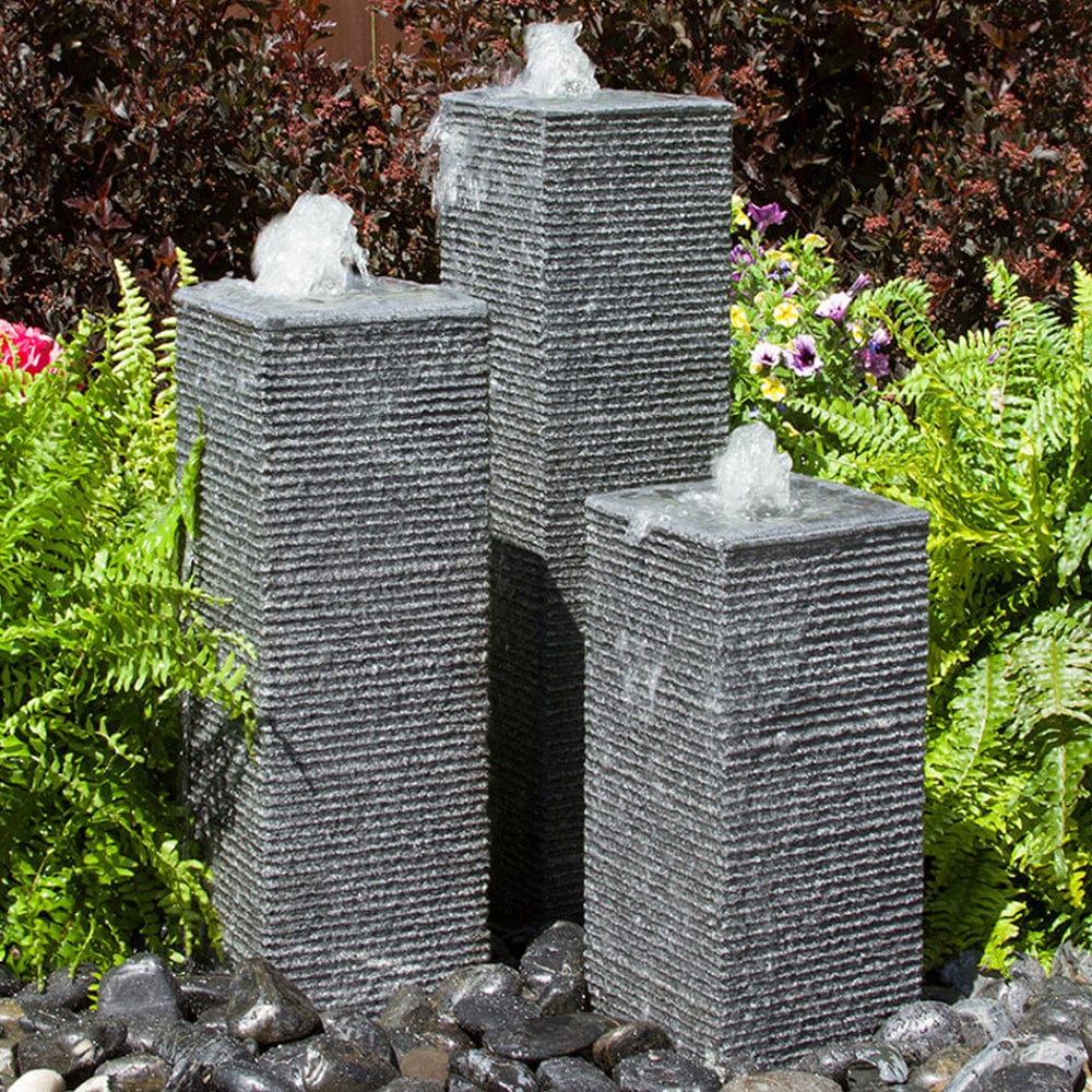 Square Chiseled Stone Towers Outdoor Fountain - Outdoor Art Pros