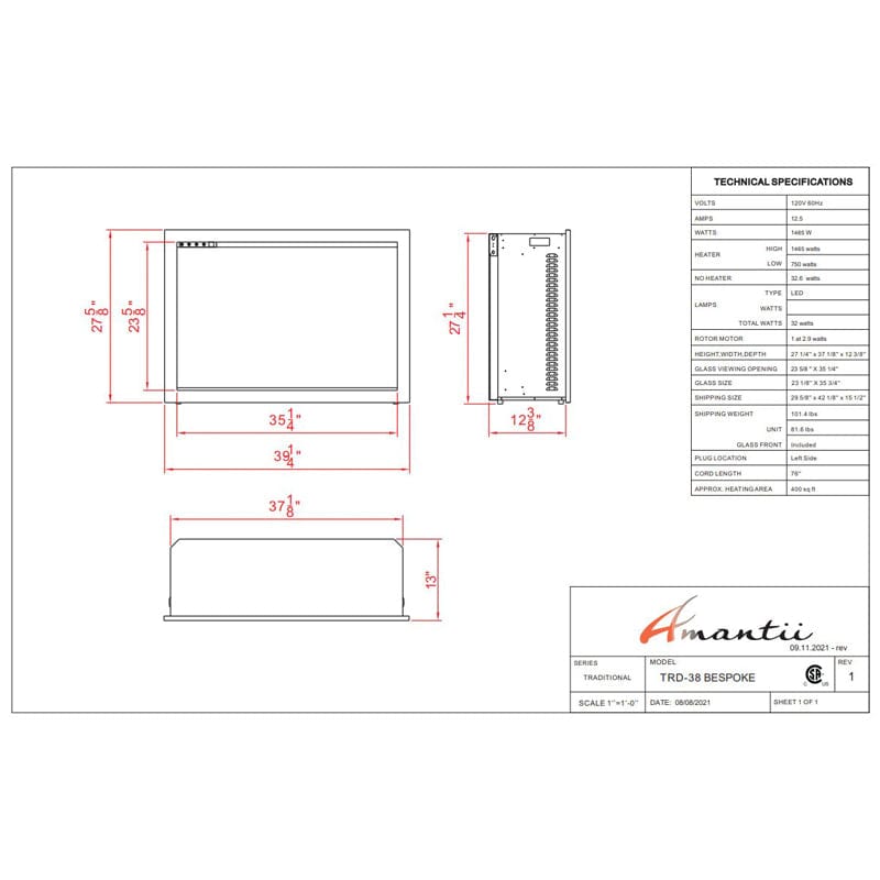 Amantii 38" TRD Bespoke Smart Electric Fireplace Insert