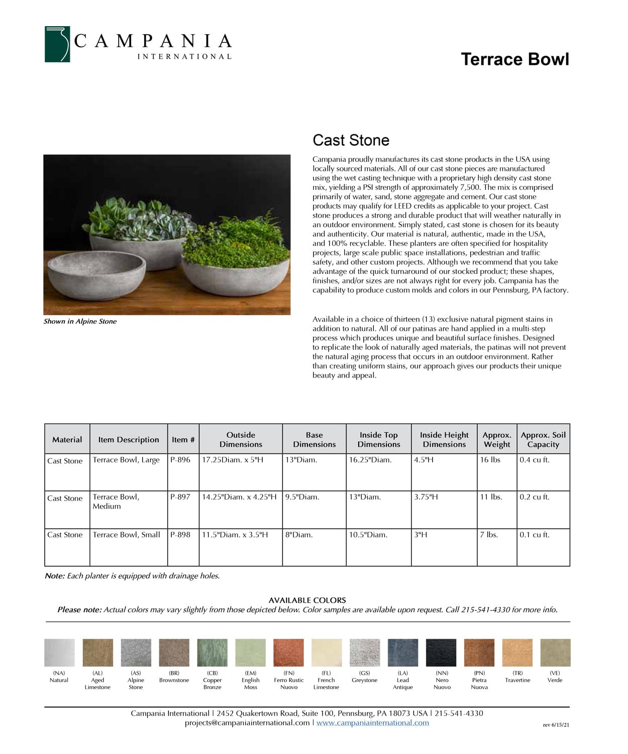 Terrace Bowl | Cast Stone Planter Specs