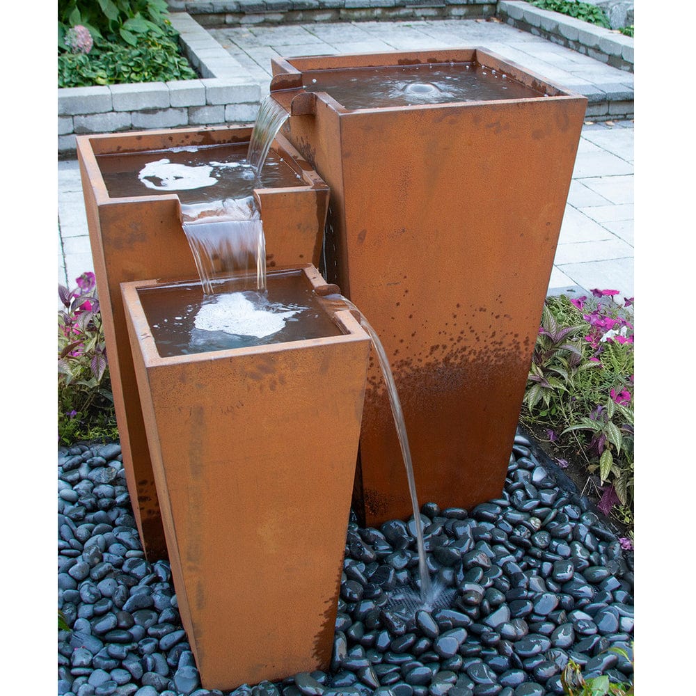 Triple Corten Steel Rusted Outdoor Fountain - Outdoor Art Pros