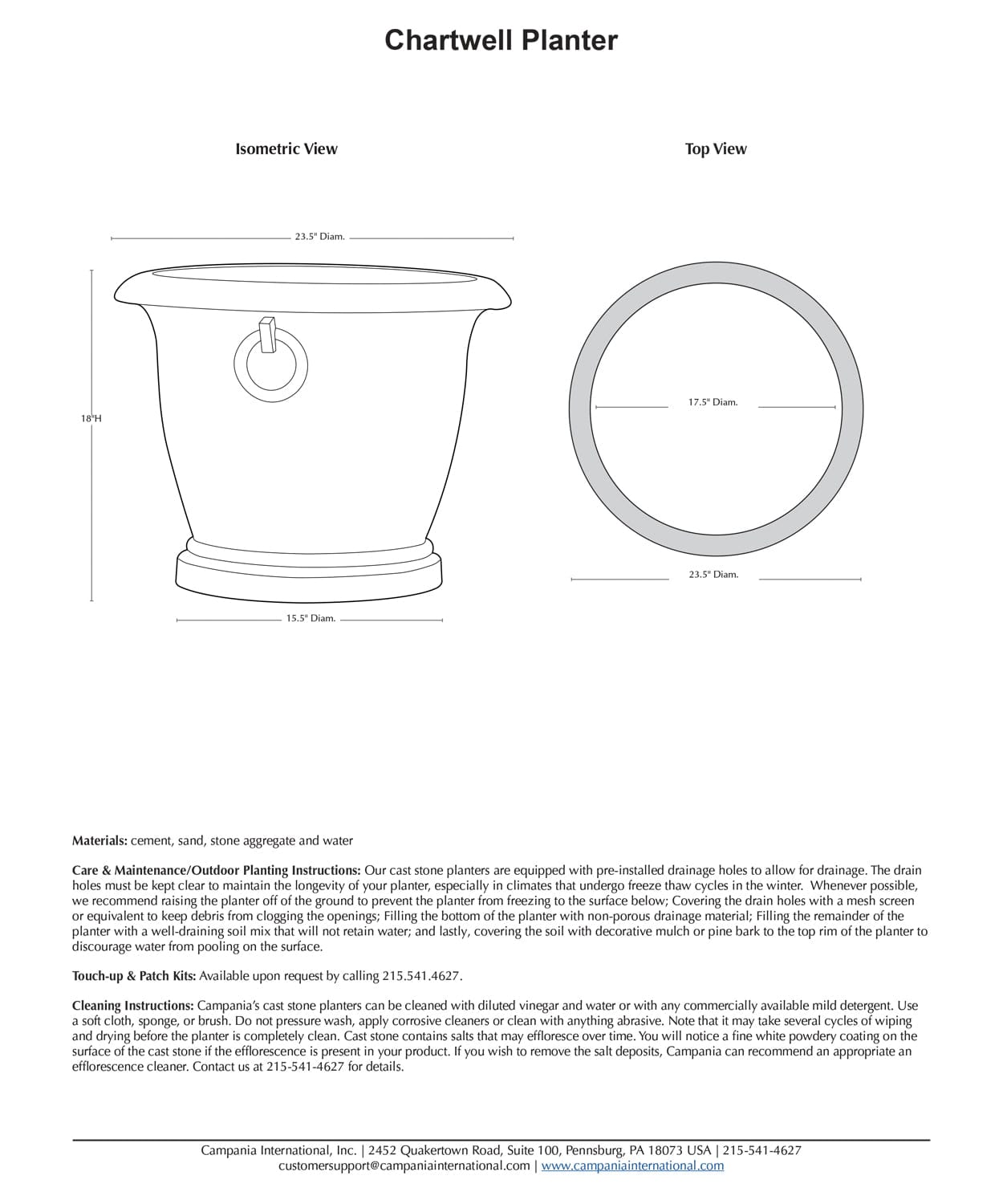 Chartwell Cast Stone Planter Specs