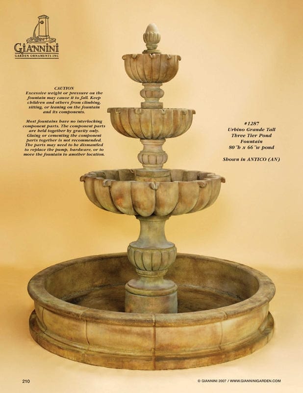 Urbino Grande Tall Three Tier Pond Fountain - Outdoor Art Pros