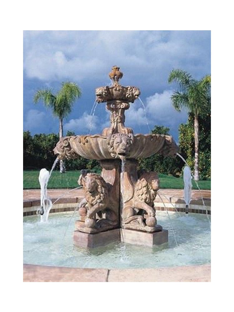 Lion  2 Tier Outdoor Fountain with Lion Pedestal and Plumped Bowl - Large - Outdoor Art Pros