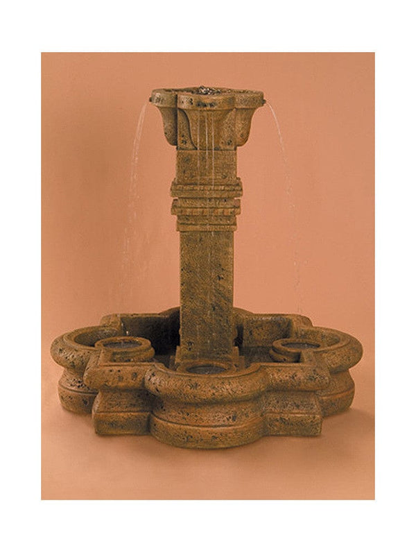 Plinth Column Garden Fountain in Quatrefoil Basin - Small - Outdoor Art Pros