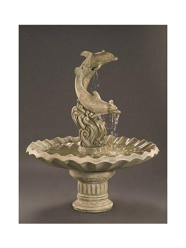Dolphins With Shell Bowl Cast Stone Garden Fountain - Outdoor Art Pros