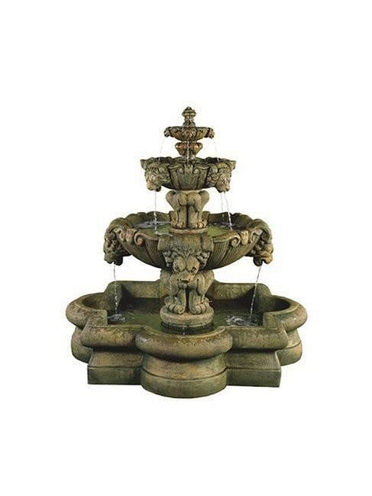 Courtyard Lion Outdoor Water Fountain in Quatrefoil Basin - Outdoor Art Pros