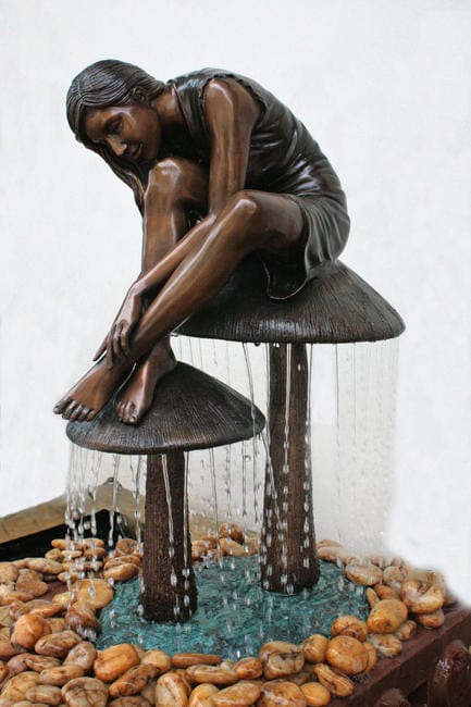 Brass Baron Girl on Mushroom Garden Fountain - Brass Baron - Outdoor Art Pros